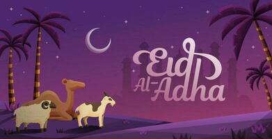 Eid Al Adha Banner With Sacrifice Animal Palm Tree Crescent Moon and Mosque Background vector