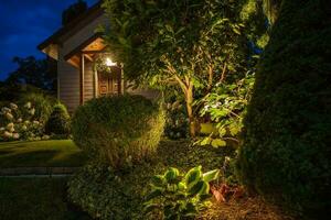 iluminado patio interior jardín en el noche foto