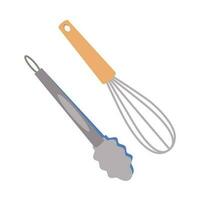 Dishes. A set of whisk for mixing, kitchen tongs for food. vector