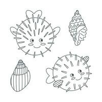 Set of marine elements of fish, puffer fish, shells in flat cartoon style. Line art. vector