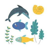 Set of marine elements of fish, shells, algae, dolphin in flat cartoon style. vector