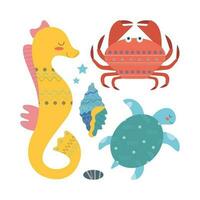 Set of sea elements fish, turtle, crab, shells, seahorse, stones in flat cartoon style. vector