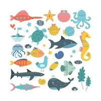 Set of marine elements algae, whale, shark, fish, seahorse, shells, jellyfish. vector