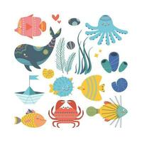 Set of marine elements seaweed, octopus, boat, stones, fish, puffer fish, whale. vector