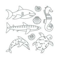 Set of marine elements fish, dolphin, shark, shells, turtle, seahorse. Line art. vector