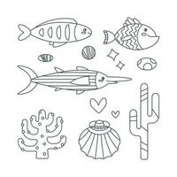 Set of marine elements of fish, shells, seaweed in flat cartoon style. Line art. vector