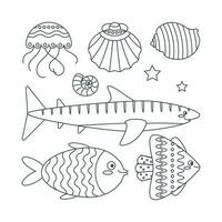 Set of sea elements fish, jellyfish, shark, shells in flat cartoon style. Line art. vector