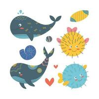 Set of marine elements of fish, shells, puffer fish, whale in flat cartoon style. vector