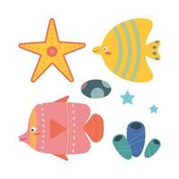 Set of marine elements of fish, shells, seaweed, starfish in flat cartoon style. vector