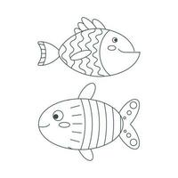 Set of marine fish elements in flat cartoon style. Line art. vector