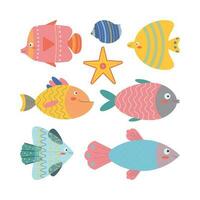 Set of marine elements starfish, fish, seashells in flat cartoon style. vector