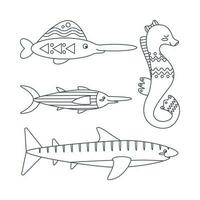 Set of marine elements swordfish, shark, seahorse in flat cartoon style. Line art. vector