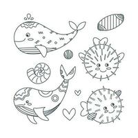 Set of marine elements of fish, shells, puffer fish, whale in flat cartoon style. Line art. vector