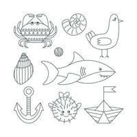 Set of marine elements fish, anchor, shark, shells, boat, crab in flat cartoon style. Line art. vector