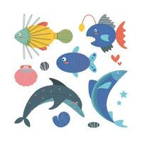 Set of marine elements fish, shells, dolphin, stones in flat cartoon style. vector