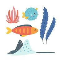 Set of marine elements of fish, puffer fish, seaweed in flat cartoon style. vector