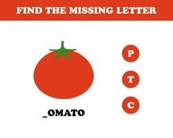 Find the missing letter worksheet for kids, tomato, vector. vector