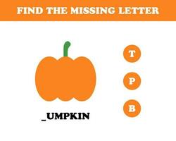 Find the missing letter worksheet for kids, pumpkin, vector. vector