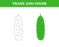 Trace and color worksheet for kids, cucumber, vector. vector