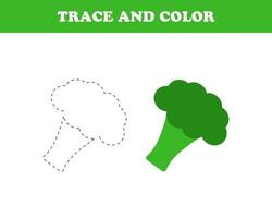 Trace and color worksheet for kids, broccoli, vector. vector