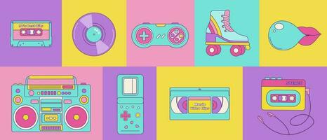 Retro set of 80s 90s elements. Vector illustration of roller skates, cassette, joystick and recorder. Fashion patch, badge, emblem