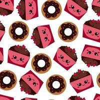 Chocolate cupcakes and donuts with pink frosting in a seamless pattern on a white background vector