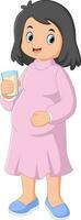 a pregnant woman wearing a pink dress is posing drinking a glass of milk vector