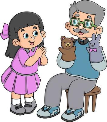 a grandfather laughing happily with his granddaughter was storytelling using hand puppets