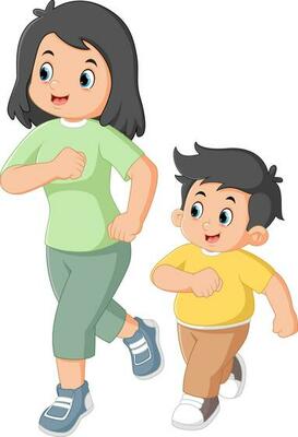 excited mother and son doing morning run