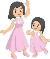 a mother is teaching her daughter to dance and wearing a pink dress vector