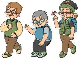 three grandfathers are walking for an adventure while reminiscing about their past vector