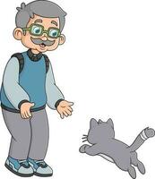 a happy old man is playing with a cat her pet vector