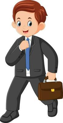 a young father excitedly goes to work wearing a black suit and carrying a briefcase