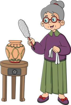 old Woman Housewife Wiping The Dust Of Vase with Brush
