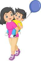 a mother walking with her son behind her back and carrying a balloon vector