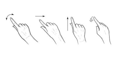 Index finger gestures with arrows for smartphone or tablet with arrows. Set of tap, swipe or slide gestures for devices with touchscreens. Vector illustration isolated in white background