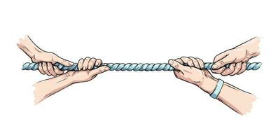 Tug war competition with rope. Hands pulling rope. Colored hand drawn vector illustration