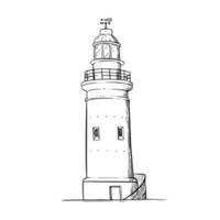 Lighthouse sketch. Beacon with a light beam. Vector illustration