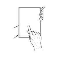 Hands holding tablet with index finger swiping in touchscreen. Vertical tablet in hands of a human. Vector illustration isolated in white background