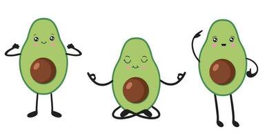 A set of avocados in the style of kawaii. Avocado fruits in a flat design. vector