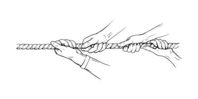 Tug war competition with rope. Hands pulling rope together, teamwork concept. Sketch hand drawn vector illustration