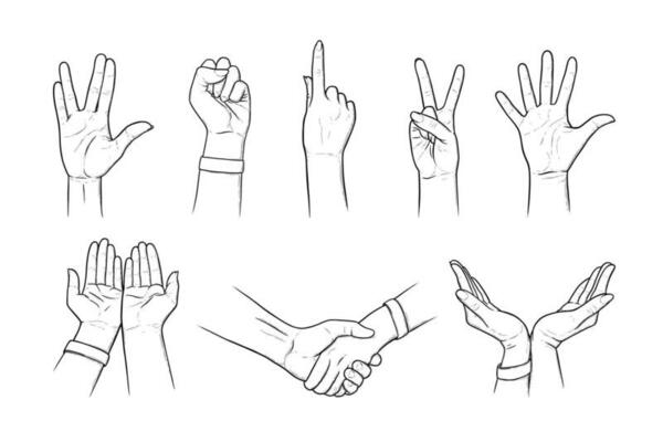 Hand gestures of peace, Vulcan greeting and salute. Handshakes, fist, gestures asking for help and care in sketch style. Vector illustration isolated in white background