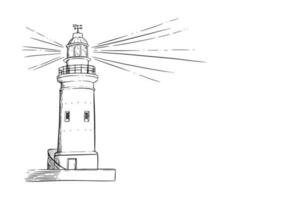 Lighthouse sketch. Beacon with a light beam. Vector illustration