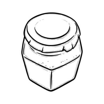 Glass jar sketch. Hexagonal empty jar for preserves of pickles, honey or jam. Hand drawn vector illustration