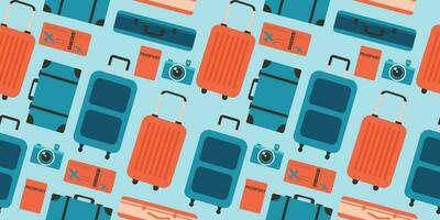 Seamless pattern of suitcases for travel and leisure. Colorful color illustration highlighted on a blue background vector
