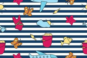 Summer seamless pattern. Doodle style. Accessories for relaxing by the sea. Suitable for printing, textiles, backgrounds, wallpaper, wrapping paper, packaging. vector