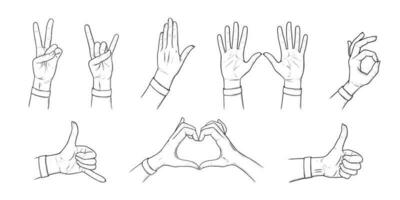 Gestures and habd signs. Sketch set with hands. Outline vector illustration