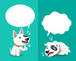 Vector cartoon character bull terrier dog expressing different emotions with speech bubbles