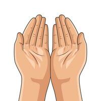 Two hands side by side. Hands in position, palms up, hold something, two hands are praying, pray to God, isolated on white background, vector illustration