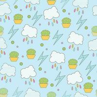 Vector seamless hand drawn pattern with cute cartoon clouds and cactus in blue background